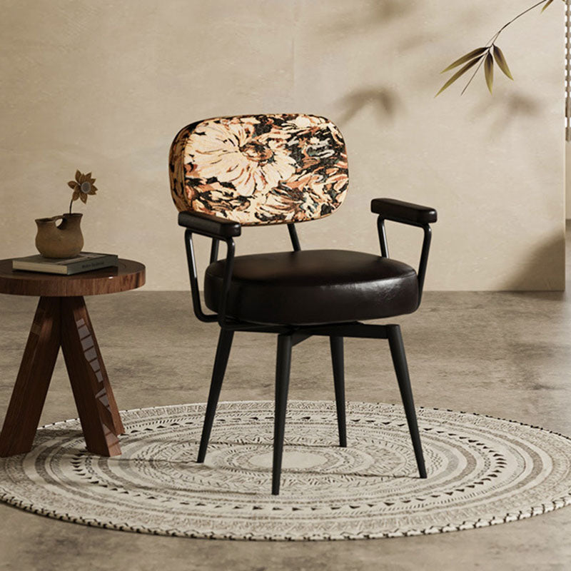 Contemporary Nordic Square Rectangular Carbon Steel Oil Wax Leather Jacquard Fabric Sunflower Pattern 360°Swivel Desk Chair Backrest Armrest For Home Office