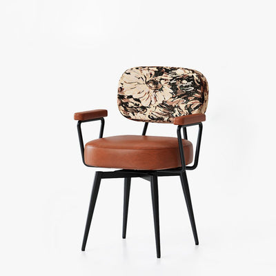 Contemporary Nordic Square Rectangular Carbon Steel Oil Wax Leather Jacquard Fabric Sunflower Pattern 360°Swivel Desk Chair Backrest Armrest For Home Office