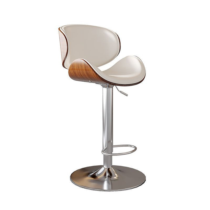 Moderner minimalistischer runder, geschwungener Barhocker mit Sitz aus Massivholz-Sperrholz und Kunst-Nappa-Leder, Gestell aus Karbonstahl, drehbar, höhenverstellbar, mit Rückenlehne, ohne Armlehnen, für Esszimmer und Küche 