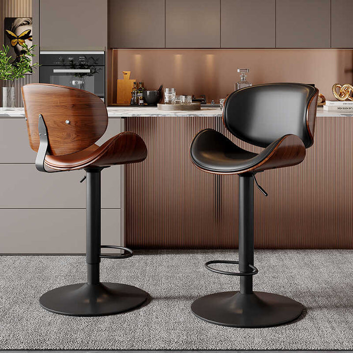 Modern Minimalist Round Curved Solid Wood Plywood Faux Nappa Leather Carbon Steel Swivel Height-adjustable Bar Stool Backrest Armless For Dining Room & Kitchen