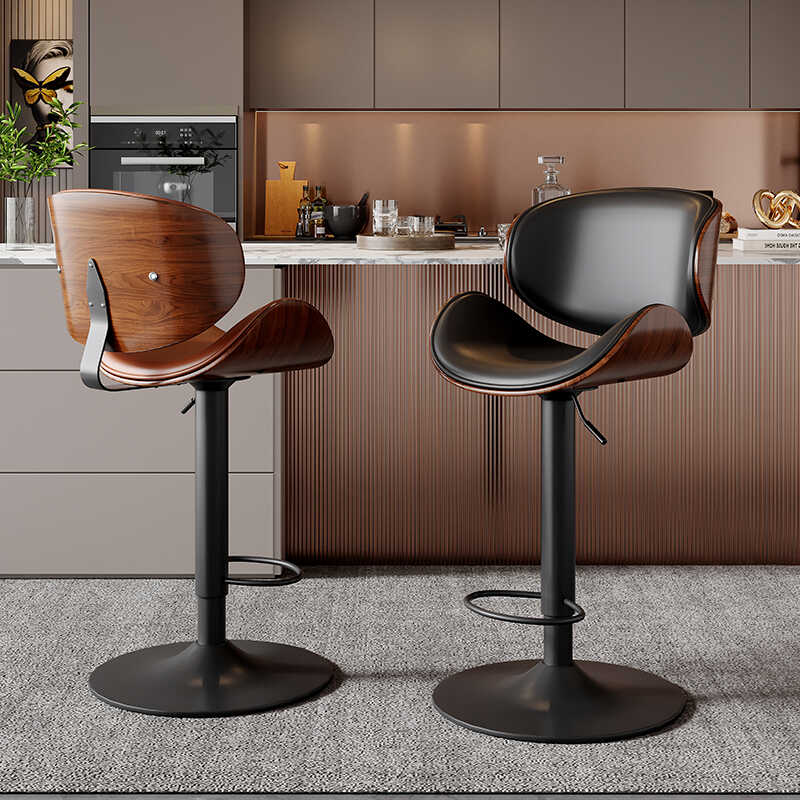 Modern Minimalist Round Curved Bent Wood PU Leather Composite Steel Swivel Height-adjustable Bar Stool Backrest Armless For Dining Room & Kitchen