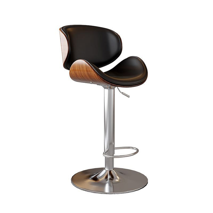 Moderner minimalistischer runder, geschwungener Barhocker mit Sitz aus Massivholz-Sperrholz und Kunst-Nappa-Leder, Gestell aus Karbonstahl, drehbar, höhenverstellbar, mit Rückenlehne, ohne Armlehnen, für Esszimmer und Küche 