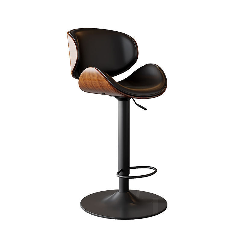 Moderner minimalistischer runder, geschwungener Barhocker mit Sitz aus Massivholz-Sperrholz und Kunst-Nappa-Leder, Gestell aus Karbonstahl, drehbar, höhenverstellbar, mit Rückenlehne, ohne Armlehnen, für Esszimmer und Küche 