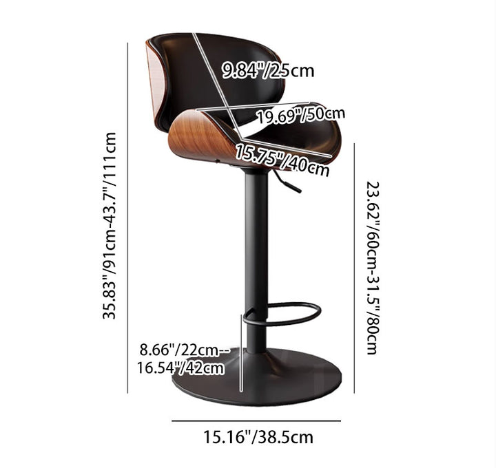 Modern Minimalist Round Curved Solid Wood Plywood Faux Nappa Leather Carbon Steel Swivel Height-adjustable Bar Stool Backrest Armless For Dining Room & Kitchen