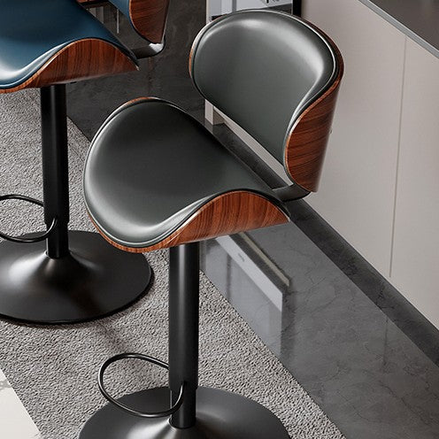 Moderner minimalistischer runder, geschwungener Barhocker mit Sitz aus Massivholz-Sperrholz und Kunst-Nappa-Leder, Gestell aus Karbonstahl, drehbar, höhenverstellbar, mit Rückenlehne, ohne Armlehnen, für Esszimmer und Küche 