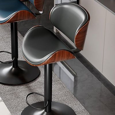Modern Minimalist Round Curved Bent Wood PU Leather Composite Steel Swivel Height-adjustable Bar Stool Backrest Armless For Dining Room & Kitchen