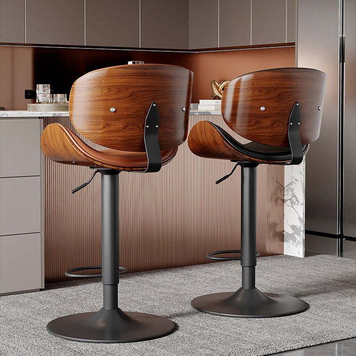 Modern Minimalist Round Curved Solid Wood Plywood Faux Nappa Leather Carbon Steel Swivel Height-adjustable Bar Stool Backrest Armless For Dining Room & Kitchen