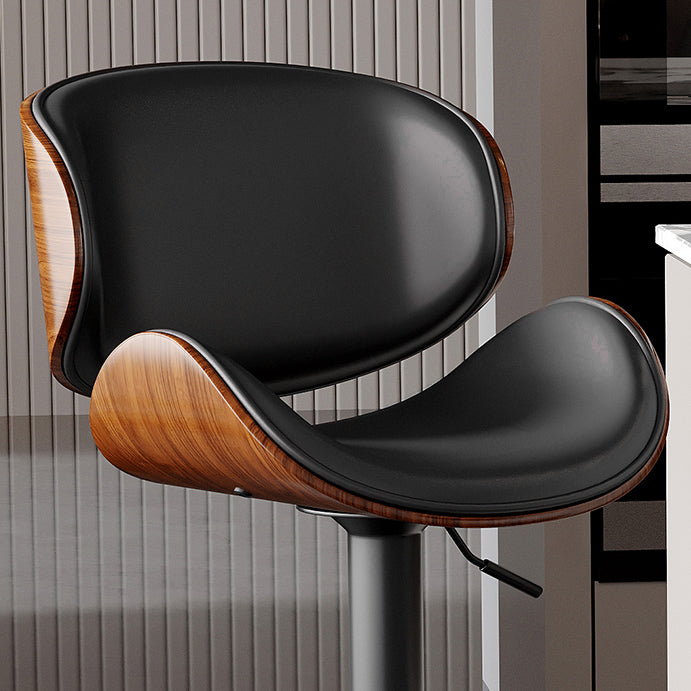 Moderner minimalistischer runder, geschwungener Barhocker mit Sitz aus Massivholz-Sperrholz und Kunst-Nappa-Leder, Gestell aus Karbonstahl, drehbar, höhenverstellbar, mit Rückenlehne, ohne Armlehnen, für Esszimmer und Küche 
