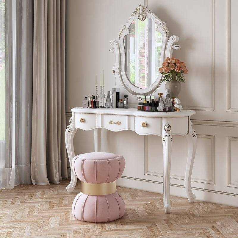 Modern Minimalist Round Velvet Solid Wood Titanium Gold Brushed Stainless Steel Vanity Stool Backless Armless For Bedroom