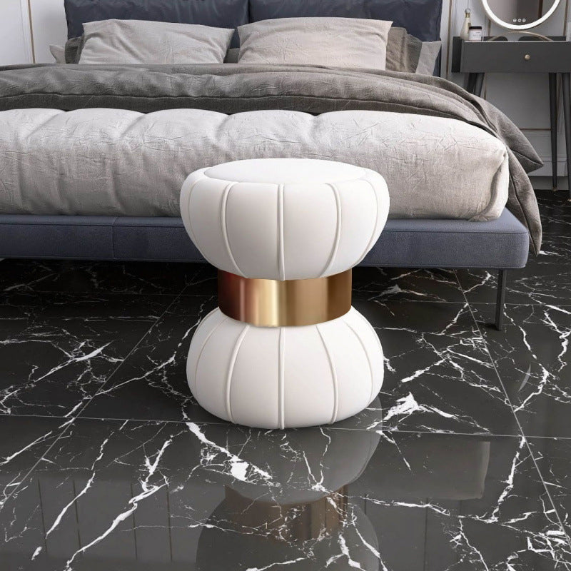 Modern Minimalist Round Velvet Plywood Titanium Gold Brushed Stainless Steel Vanity Stool Backless Armless For Bedroom