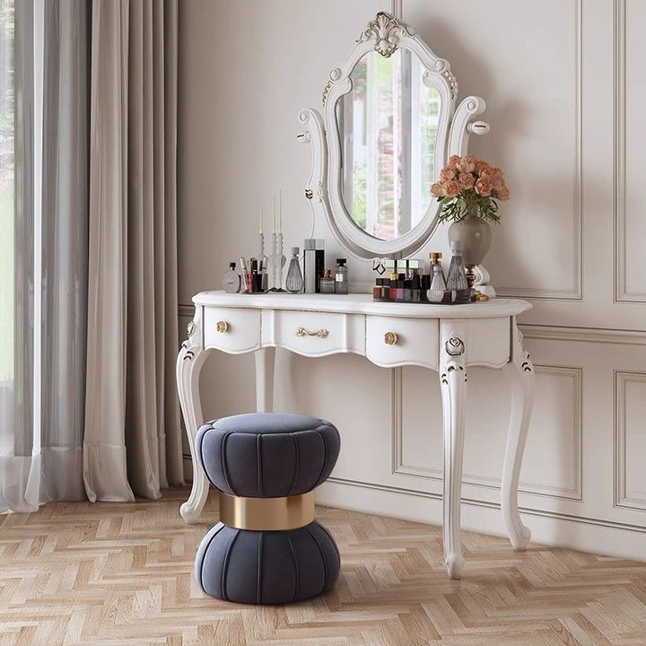 Modern Minimalist Round Velvet Plywood Titanium Gold Brushed Stainless Steel Vanity Stool Backless Armless For Bedroom