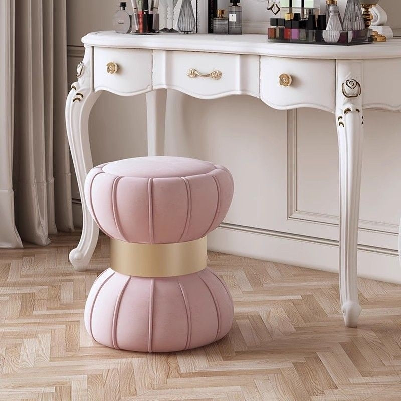 Modern Minimalist Round Velvet Solid Wood Titanium Gold Brushed Stainless Steel Vanity Stool Backless Armless For Bedroom