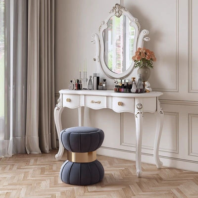 Modern Minimalist Round Velvet Solid Wood Titanium Gold Brushed Stainless Steel Vanity Stool Backless Armless For Bedroom