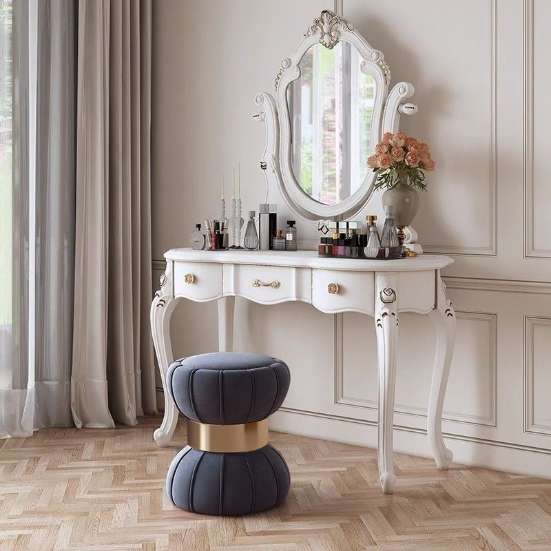 Modern Minimalist Round Velvet Solid Wood Titanium Gold Brushed Stainless Steel Vanity Stool Backless Armless For Bedroom