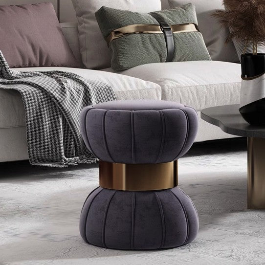 Modern Minimalist Round Velvet Plywood Titanium Gold Brushed Stainless Steel Vanity Stool Backless Armless For Bedroom