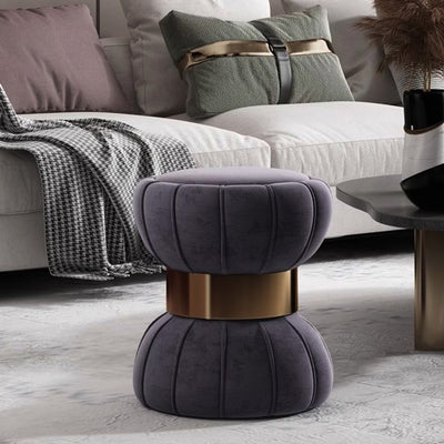 Modern Minimalist Round Velvet Solid Wood Titanium Gold Brushed Stainless Steel Vanity Stool Backless Armless For Bedroom