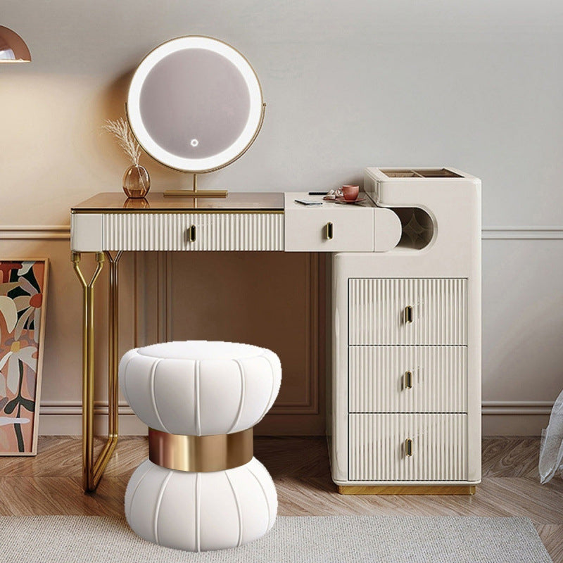 Modern Minimalist Round Velvet Plywood Titanium Gold Brushed Stainless Steel Vanity Stool Backless Armless For Bedroom