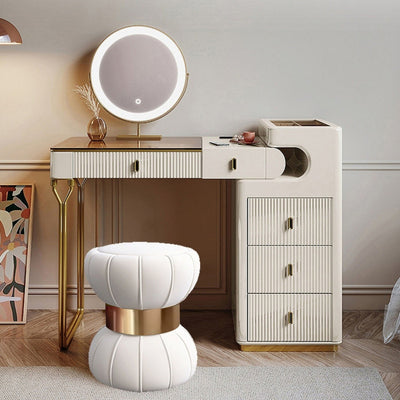 Modern Minimalist Round Velvet Solid Wood Titanium Gold Brushed Stainless Steel Vanity Stool Backless Armless For Bedroom