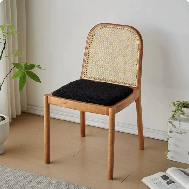 Moderna Minimalista Cuadrada Rectangular de Cuero Nappa con Lana de Cordero y Madera de Caucho Tejida Silla de Comedor Respaldo Sin Brazos Para Comedor y Cocina 
