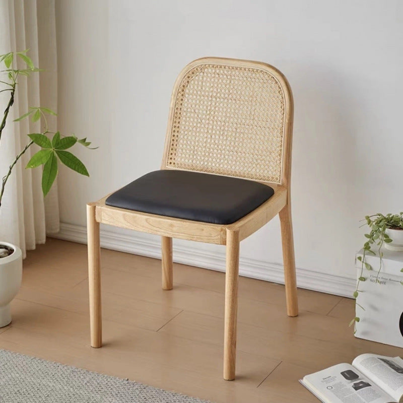 Modern Minimalist Square Rectangular Nappa Leather Lamb Fleece Rubberwood Weaving Dining Chair Backrest Armless For Dining Room & Kitchen