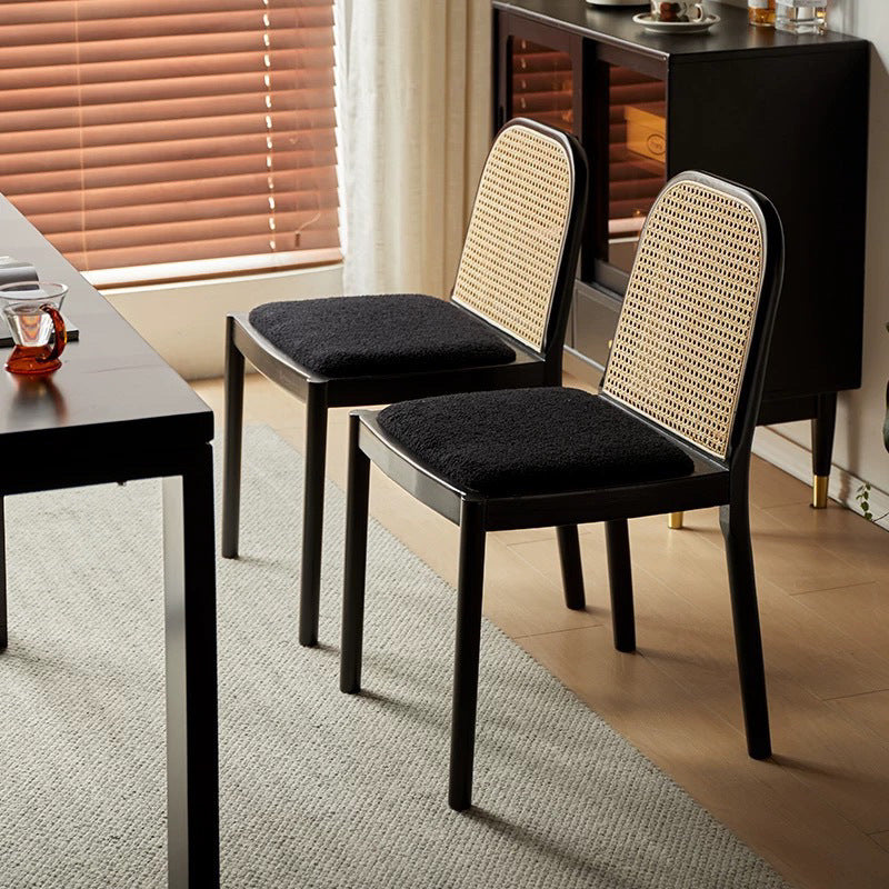 Modern Minimalist Square Rectangular Nappa Leather Lamb Fleece Rubberwood Weaving Dining Chair Backrest Armless For Dining Room & Kitchen