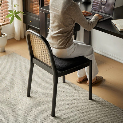 Modern Minimalist Square Rectangular Nappa Leather Lamb Fleece Rubberwood Weaving Dining Chair Backrest Armless For Dining Room & Kitchen