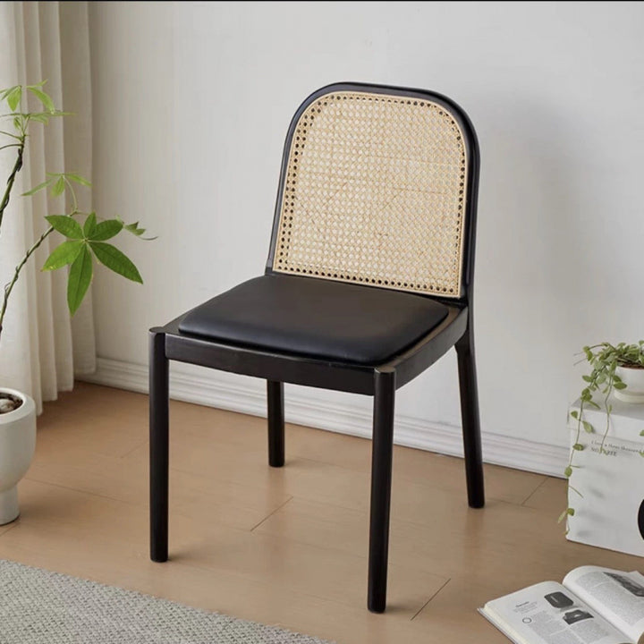 Moderna Minimalista Cuadrada Rectangular de Cuero Nappa con Lana de Cordero y Madera de Caucho Tejida Silla de Comedor Respaldo Sin Brazos Para Comedor y Cocina 