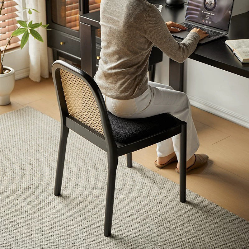 Modern Minimalist Square Rectangular Nappa Leather Lamb Fleece Rubberwood Weaving Dining Chair Backrest Armless For Dining Room & Kitchen