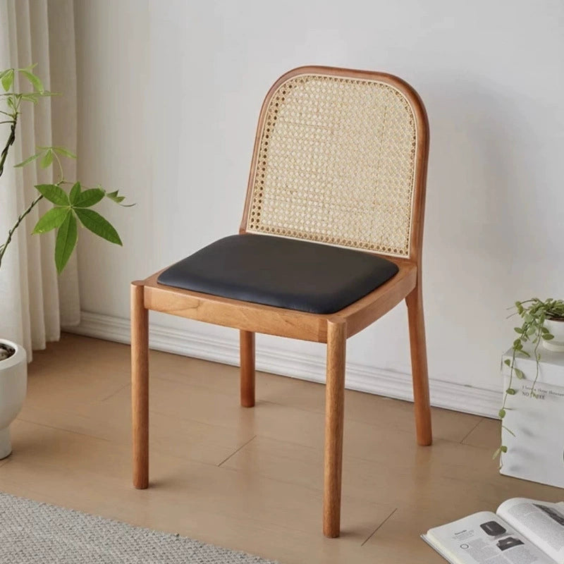 Modern Minimalist Square Rectangular Nappa Leather Lamb Fleece Rubberwood Weaving Dining Chair Backrest Armless For Dining Room & Kitchen