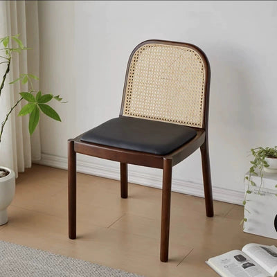 Modern Minimalist Square Rectangular Nappa Leather Lamb Fleece Rubberwood Weaving Dining Chair Backrest Armless For Dining Room & Kitchen