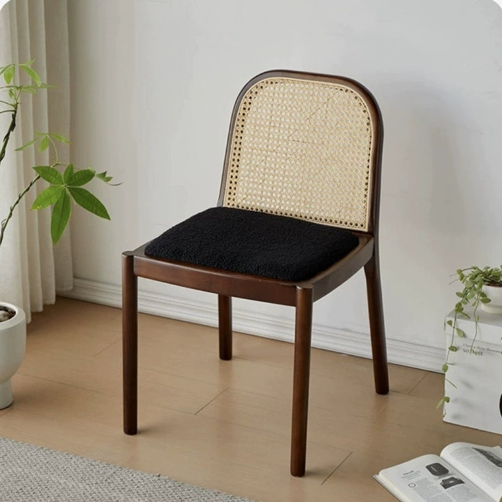 Moderna Minimalista Cuadrada Rectangular de Cuero Nappa con Lana de Cordero y Madera de Caucho Tejida Silla de Comedor Respaldo Sin Brazos Para Comedor y Cocina 