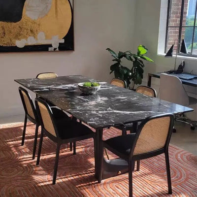 Modern Minimalist Square Rectangular Nappa Leather Lamb Fleece Rubberwood Weaving Dining Chair Backrest Armless For Dining Room & Kitchen