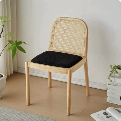 Modern Minimalist Square Rectangular Nappa Leather Lamb Fleece Rubberwood Weaving Dining Chair Backrest Armless For Dining Room & Kitchen