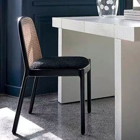 Modern Minimalist Square Rectangular Nappa Leather Lamb Fleece Rubberwood Weaving Dining Chair Backrest Armless For Dining Room & Kitchen