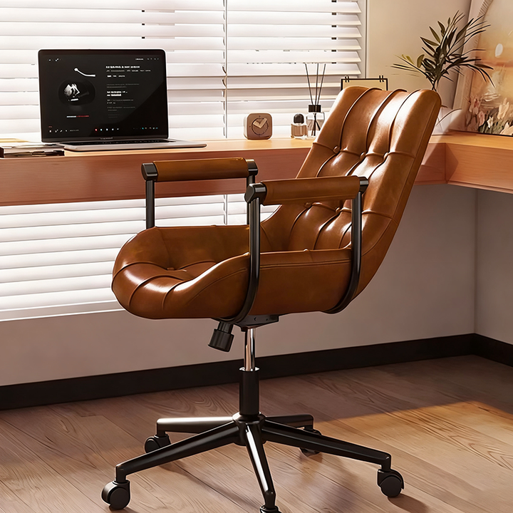 Chaise de bureau moderne rétro carrée rectangulaire pour chat, en cuir huilé ciré, panneau en bois, nylon, acier, pivotante à 360°, mobile, hauteur réglable, avec dossier et accoudoirs, pour la maison et le bureau 