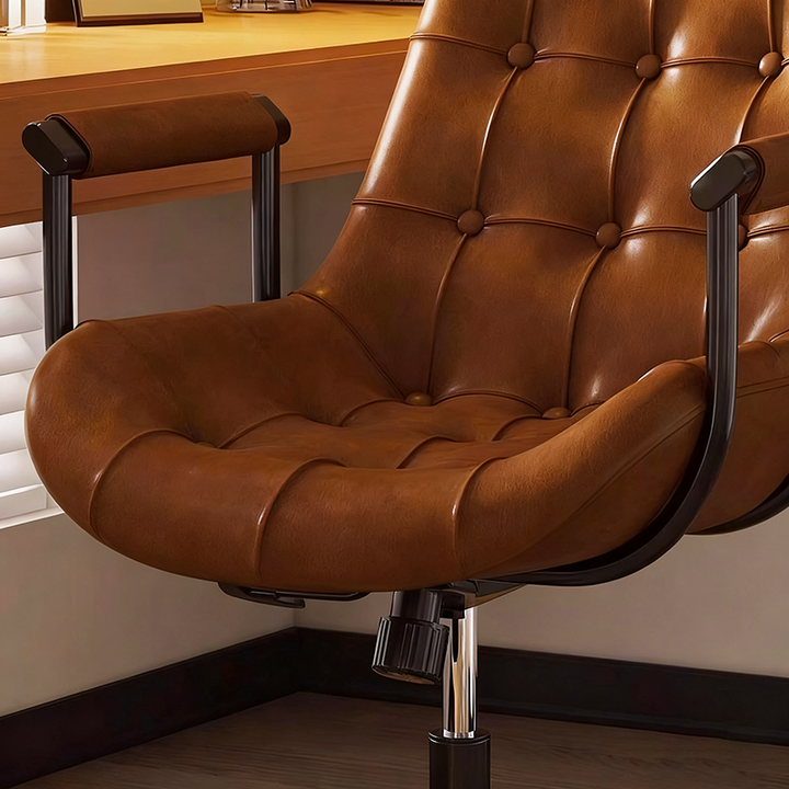 Chaise de bureau moderne rétro carrée rectangulaire pour chat, en cuir huilé ciré, panneau en bois, nylon, acier, pivotante à 360°, mobile, hauteur réglable, avec dossier et accoudoirs, pour la maison et le bureau 