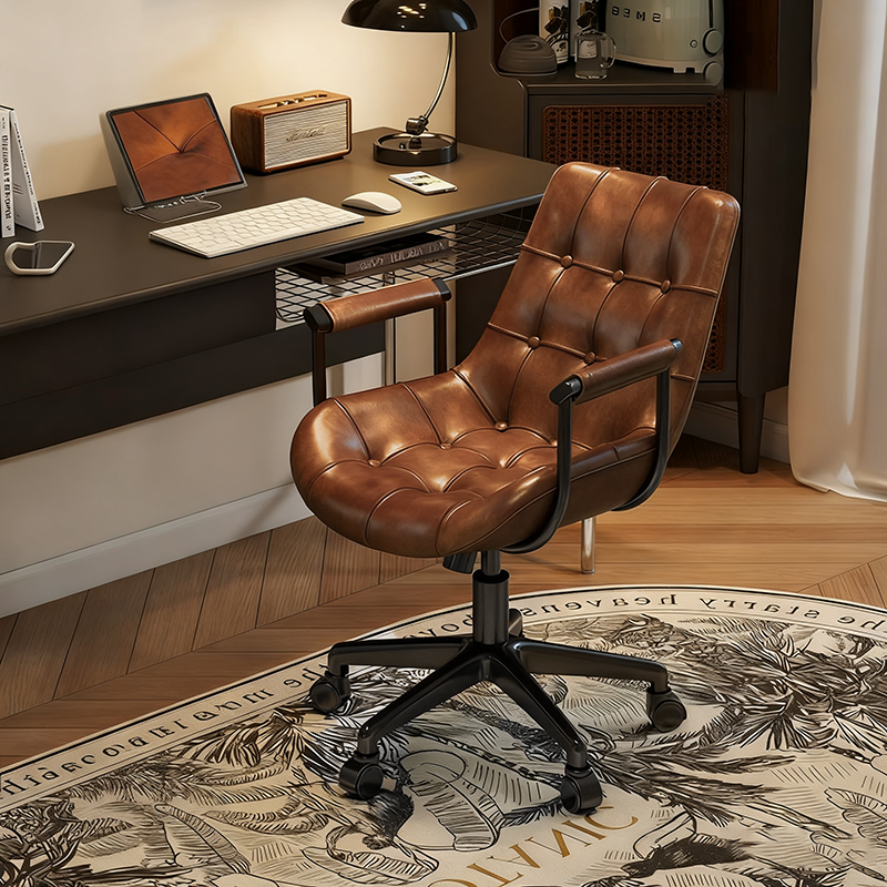 Contemporary Retro Square Rectangular Cat Scratch Leather Oil Wax Leather Wooden Board Nylon Steel 360°Swivel Movable Height Adjustable Desk Chair Backrest Armrest For Home Office