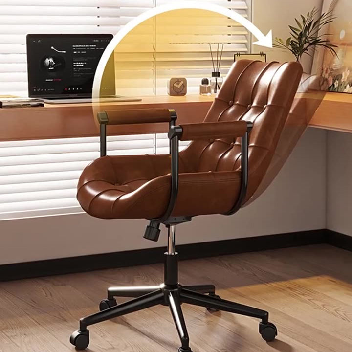 Chaise de bureau moderne rétro carrée rectangulaire pour chat, en cuir huilé ciré, panneau en bois, nylon, acier, pivotante à 360°, mobile, hauteur réglable, avec dossier et accoudoirs, pour la maison et le bureau 