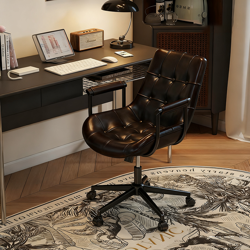 Chaise de bureau moderne rétro carrée rectangulaire pour chat, en cuir huilé ciré, panneau en bois, nylon, acier, pivotante à 360°, mobile, hauteur réglable, avec dossier et accoudoirs, pour la maison et le bureau 