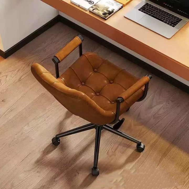 Chaise de bureau moderne rétro carrée rectangulaire pour chat, en cuir huilé ciré, panneau en bois, nylon, acier, pivotante à 360°, mobile, hauteur réglable, avec dossier et accoudoirs, pour la maison et le bureau 