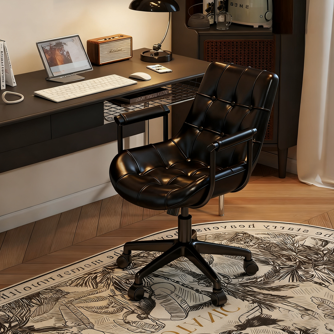 Chaise de bureau moderne rétro carrée rectangulaire pour chat, en cuir huilé ciré, panneau en bois, nylon, acier, pivotante à 360°, mobile, hauteur réglable, avec dossier et accoudoirs, pour la maison et le bureau 