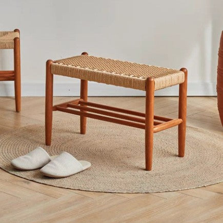 Banc tressé en corde de cuir de vache rectangulaire japonaise traditionnelle en bois de cerisier à 2 niveaux pour salon 