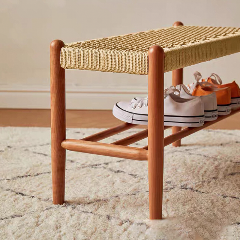 Banc tressé en corde de cuir de vache rectangulaire japonaise traditionnelle en bois de cerisier à 2 niveaux pour salon 