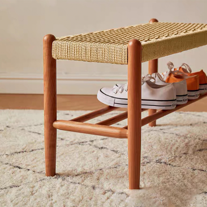 Banc tressé en corde de cuir de vache rectangulaire japonaise traditionnelle en bois de cerisier à 2 niveaux pour salon 