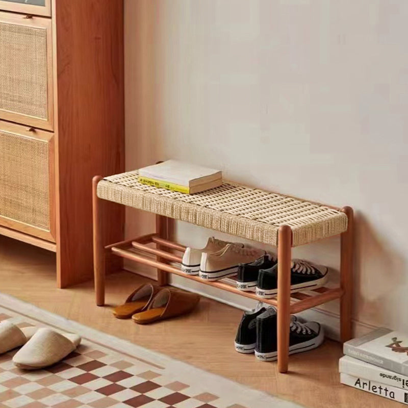 Banc tressé en corde de cuir de vache rectangulaire japonaise traditionnelle en bois de cerisier à 2 niveaux pour salon 
