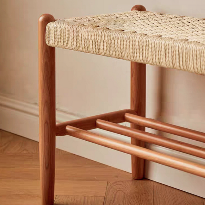Banc tressé en corde de cuir de vache rectangulaire japonaise traditionnelle en bois de cerisier à 2 niveaux pour salon 
