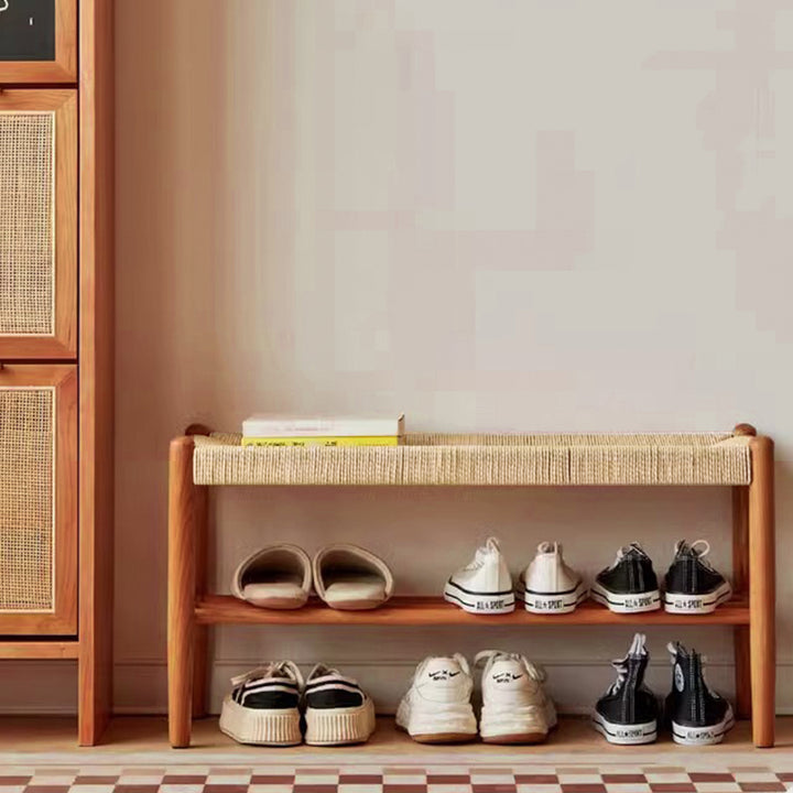 Banc tressé en corde de cuir de vache rectangulaire japonaise traditionnelle en bois de cerisier à 2 niveaux pour salon 