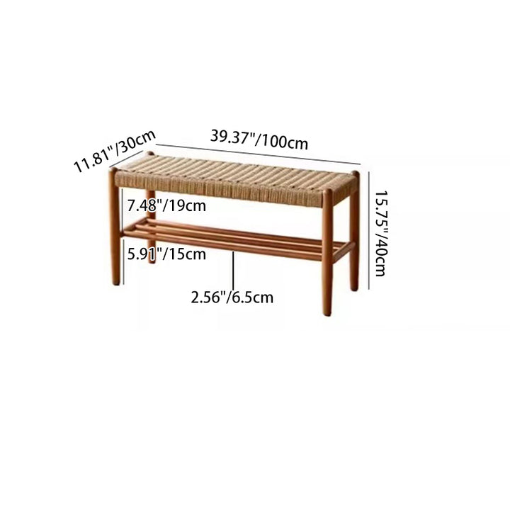 Banc tressé en corde de cuir de vache rectangulaire japonaise traditionnelle en bois de cerisier à 2 niveaux pour salon 