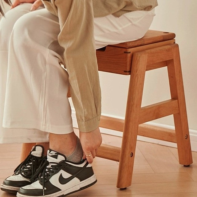 Modern Minimalist Square Rectangular Cherry Wood Storage Stackable Low Stool For Living Room