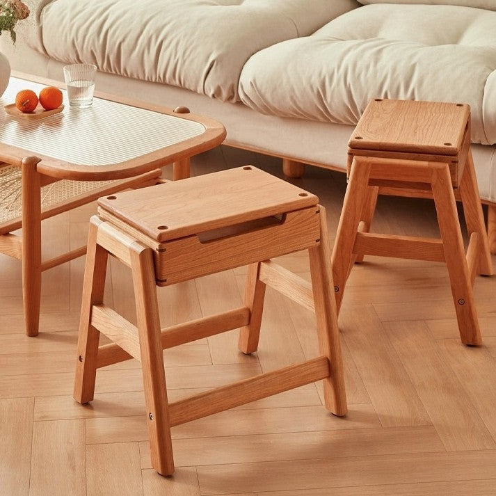 Modern Minimalist Square Rectangular Cherry Wood Storage Stackable Low Stool For Living Room